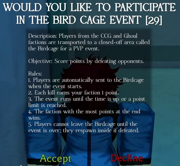 Player interacting with the Bird Cage event notification in Ghoul://Re