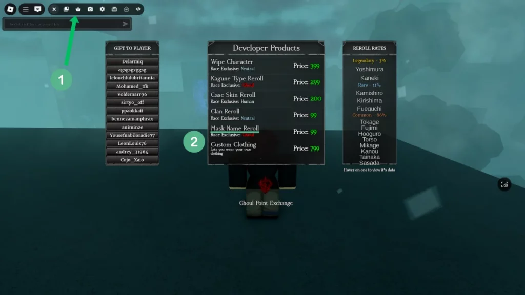 Player interacting with developer products UI for mask name reroll in ghoul://Re