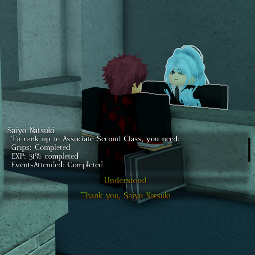 Player look at rank requirements by talking to NPC in CCG Base in ghoul://re