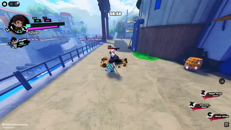 Player performing Tanjigo's Ripple Thrust Curve attack in Anime Saga