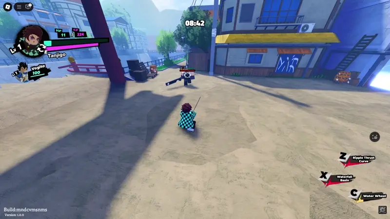 Player performing Tanjigo's Waterfall Basin attack in Anime Saga