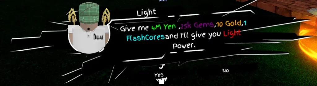 Player interacting with light seller NPC in universal piece