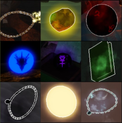 An image containing 9 different Relics in Absolvement