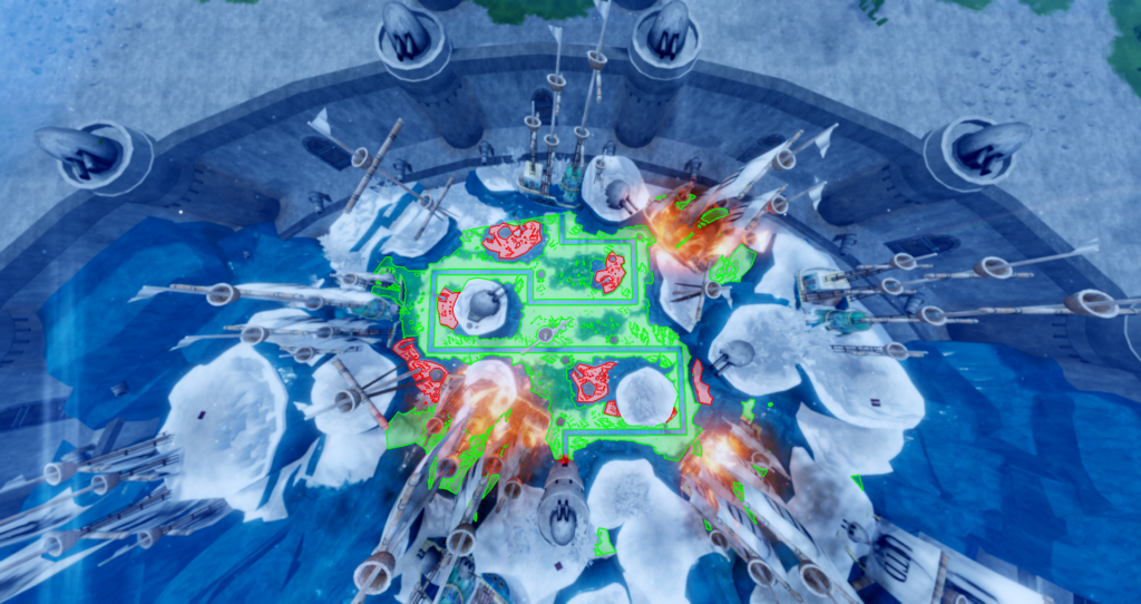 Marine Base overhead view in Universal Tower Defense on Roblox with green and red indicators for ground and highground units