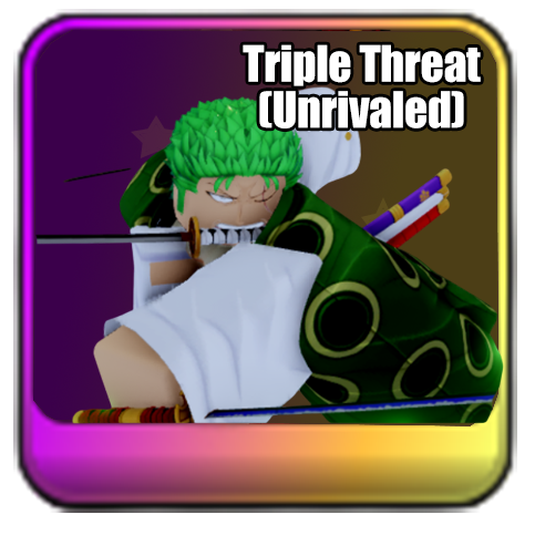 Triple Threat (Unrivaled) Zoro Unit from Universal Tower Defense X UTD X On Roblox based on Zoro from One Piece in the UPD 3 Update