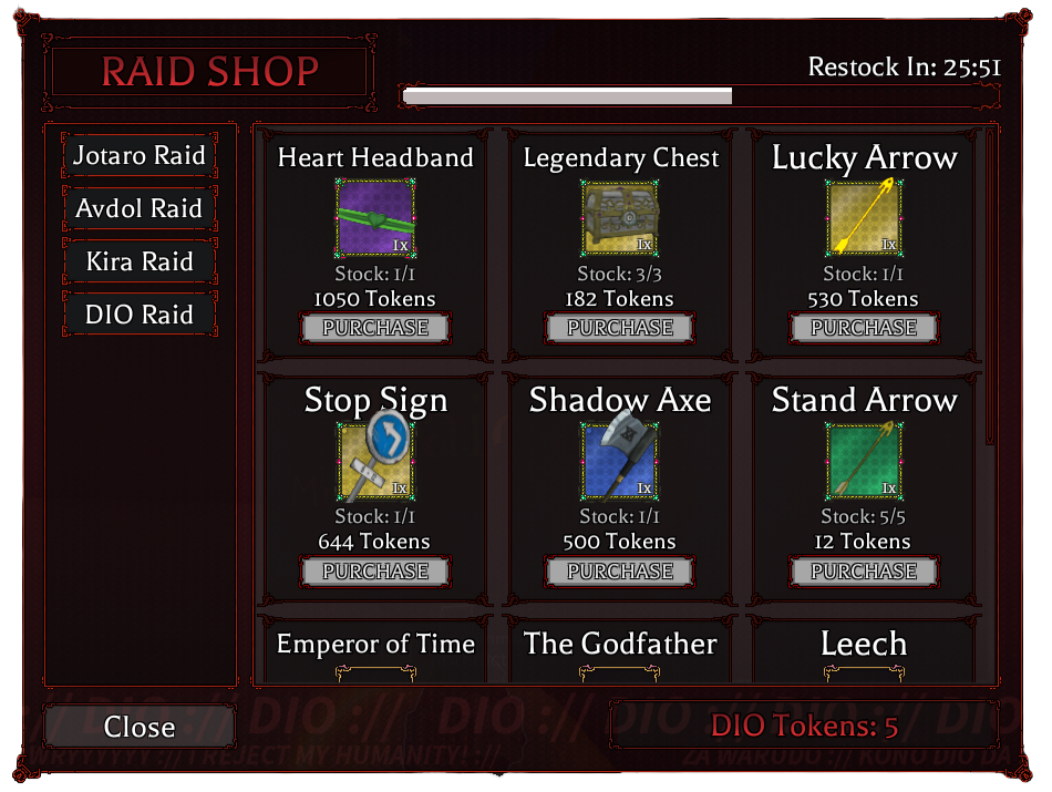 DIO Raid Shop in bizarre lineage roblox experience