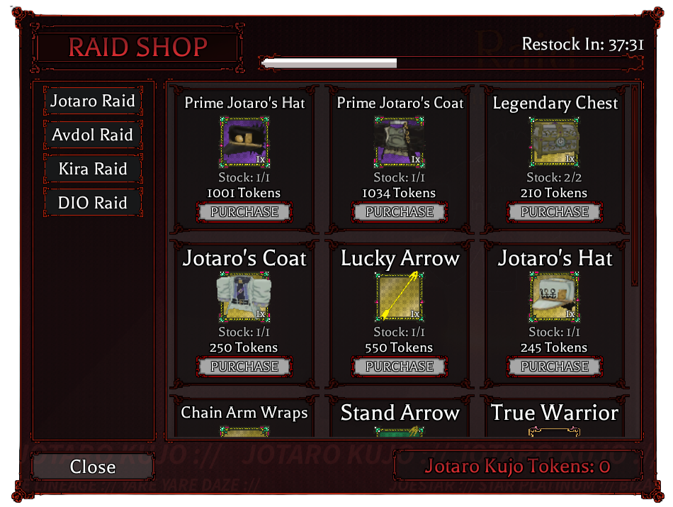 Jotaro Raid Shop in bizarre lineage roblox experience
