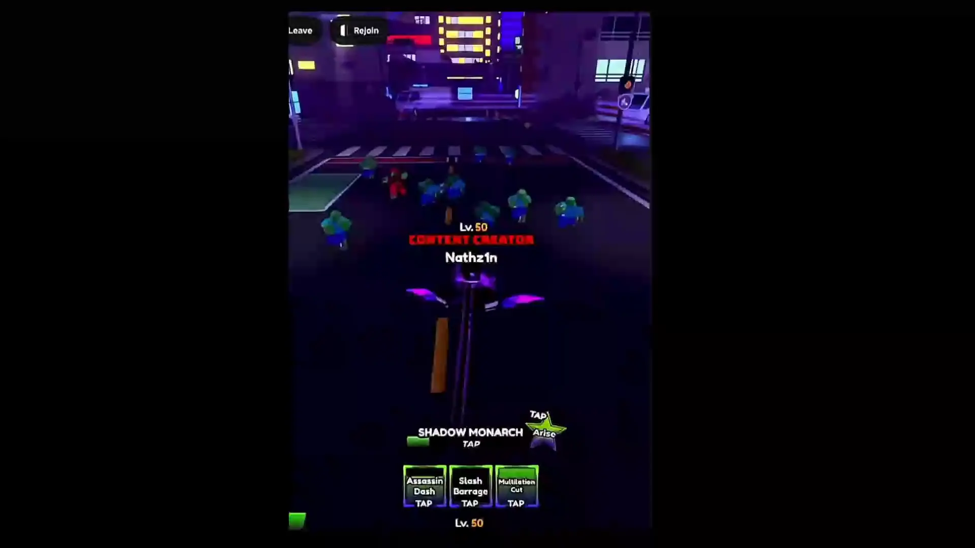Player performing Shadow Monarch ability's X skill in anime apocalypse roblox experience.