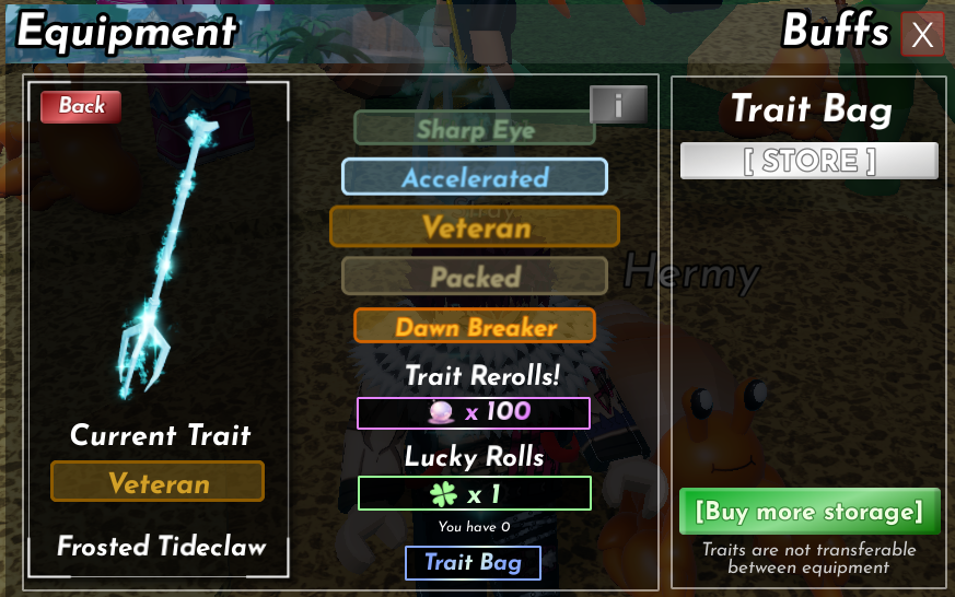Traits Menu from Shells Roblox Experience