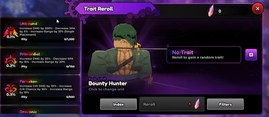 Trait Reroll System in Anime Expeditions Roblox Experience