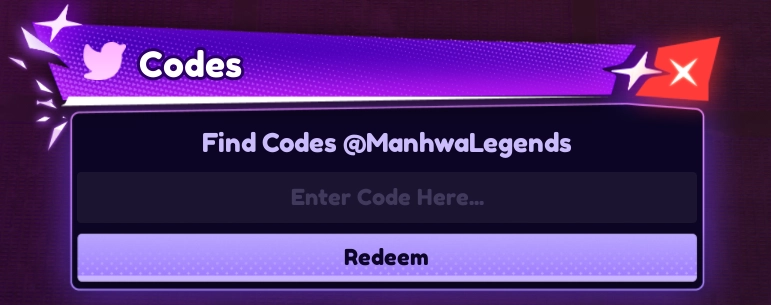 Codes window in Manhwa Legends roblox experience